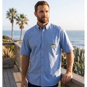 Guy Harvey Fishing Shirt Sz 2XL Blue Chambray Embroidered Tuna Ocean Graphic Y2K